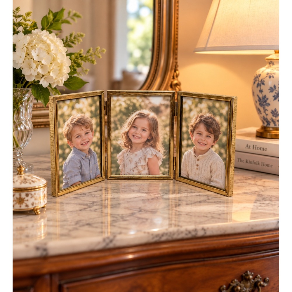 Vintage Tri-Fold Picture Frame Gold Metal Embossed Triptych 3.5x5 Tabletop